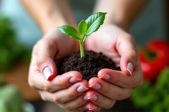 Mani che tengono un germoglio verde, simbolo di crescita, cura e sostenibilità, con uno sfondo sfocato di alimenti freschi.