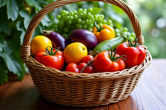 Cesto di frutta e verdura fresca mediterranea