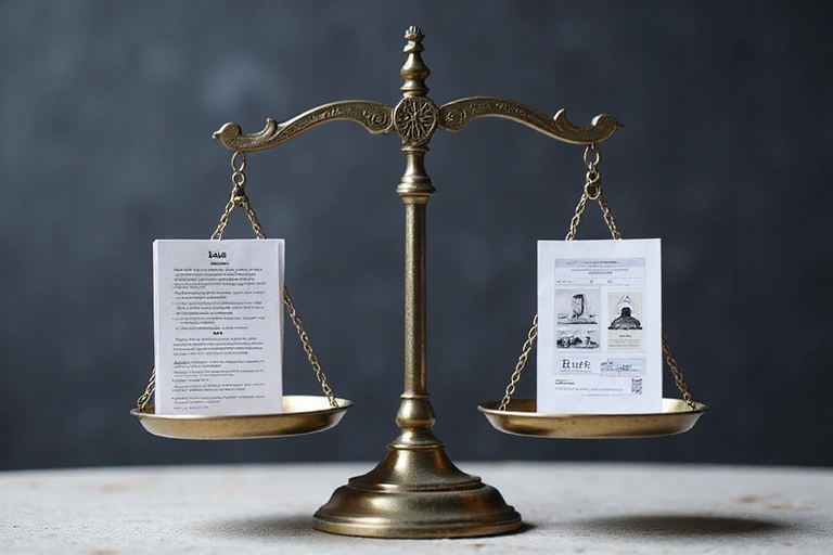 Bilancia della giustizia con documenti legali e icone di dati