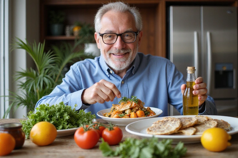 Un uomo anziano che si gode un pasto mediterraneo sano e colorato con verdure fresche, pesce e olio d'oliva, sorridendo.